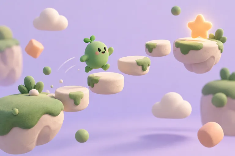 绿色角色在轻松跳跃的原创小游戏概念插画